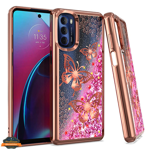 For Motorola Edge+ 2022 /Edge Plus Quicksand Liquid Glitter Bling Flowing Fashion Hybrid Rubber TPU Chrome Plating Hard Butterfly Phone Case Cover