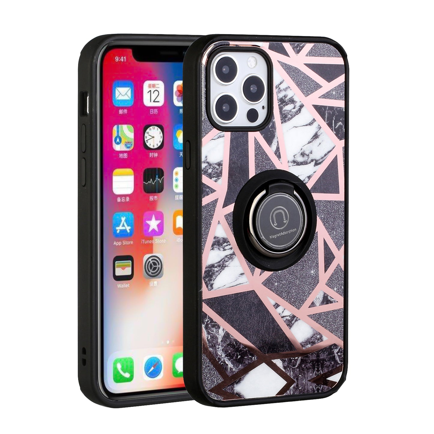 For Apple iPhone 14 Pro (6.1") Unique Marble Design with Magnetic Ring Kickstand Holder Hybrid TPU Hard Shockproof  Phone Case Cover