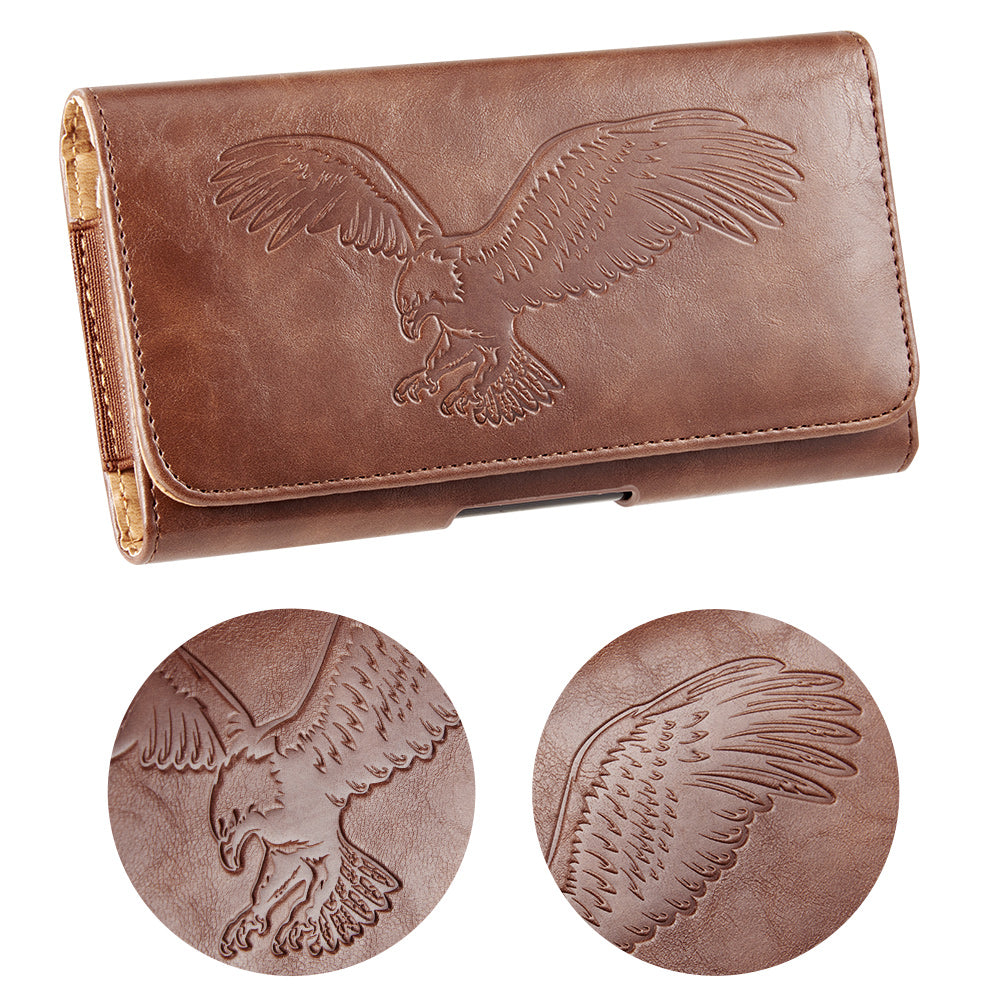 For Samsung Galaxy A23 5G Universal Horizontal Leather Phone Case with Embossed American Eagle Pouch Belt Clip Holster & Magnetic Pouch [Brown]