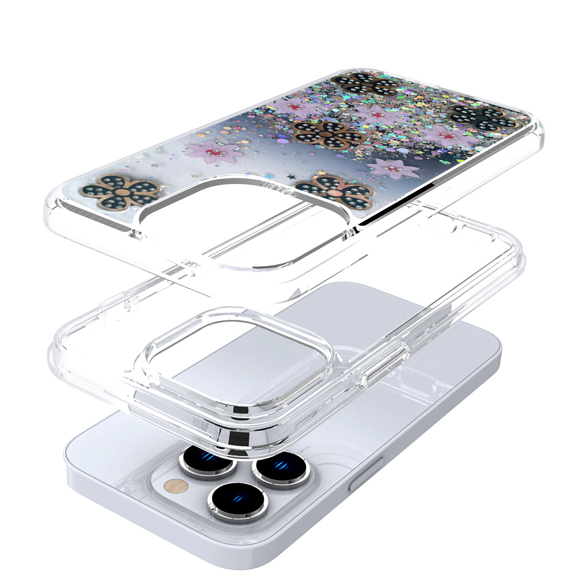 For Apple iPhone 14 /Plus Pro Max Floral Stylish Design Glitter Shiny Hybrid Rubber TPU Hard PC Shockproof Slim  Phone Case Cover