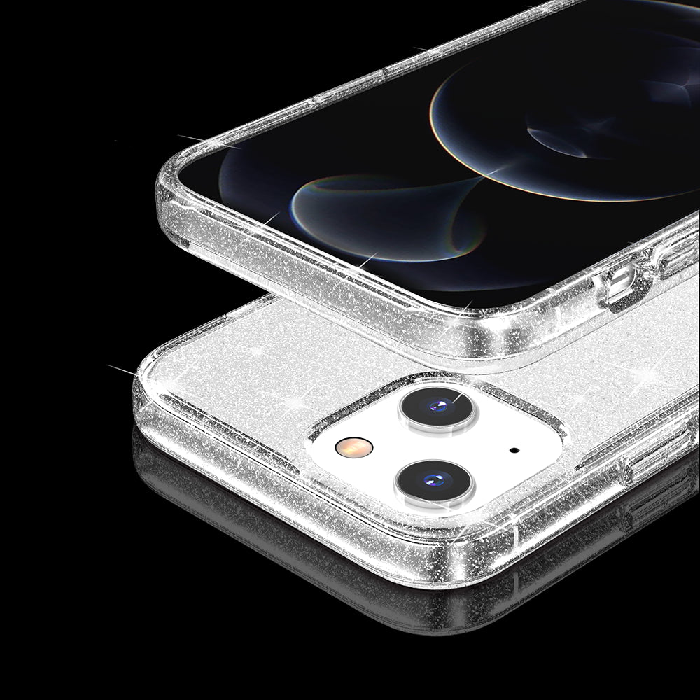 For Apple iPhone 14 Pro (6.1") Transparent Glitter Shiny Sparkle Bling TPU Rubber Hard Back Hybrid Frame Shockproof Clear Phone Case Cover