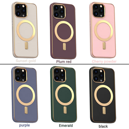 For Apple iPhone 14 /Plus Pro Max PU Leather MagSafe Compatible with Gold Trim & Raised Camera Protection Hybrid  Phone Case Cover