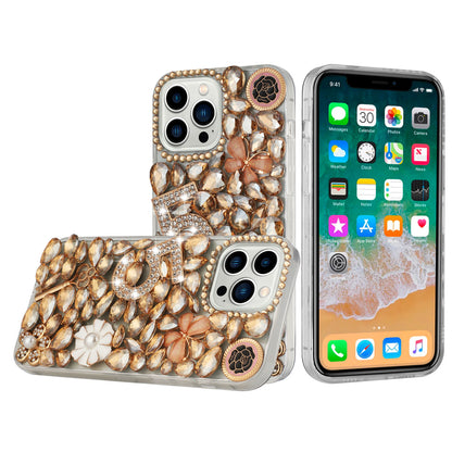 For Apple iPhone 8 Plus/7 Plus/6 6S Plus Bling 3D Full Diamonds Luxury Sparkle Rhinestone Hybrid Protective Gold Five Ornament Floral Phone Case Cover