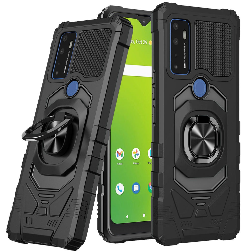 For Cricket Dream 5G Hybrid Dual Layer with Rotate Magnetic Ring Stand Holder Kickstand, Rugged Shockproof Anti-Scratch Black Phone Case Cover