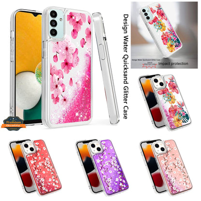For Apple iPhone 14 Pro Max (6.7") Floral Design Quicksand Water Flowing Liquid Floating Sparkle Colorful Hybrid  Phone Case Cover