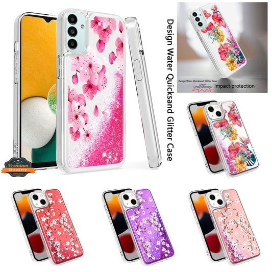 For Apple iPhone 14 Pro Max (6.7") Floral Design Quicksand Water Flowing Liquid Floating Sparkle Colorful Hybrid  Phone Case Cover