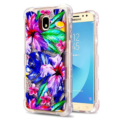 For Samsung Galaxy J7 2018/J7 Star/J7 V 2nd Gen/ J7 Refine Flower Quicksand Liquid Glitter Bling Hybrid Image Flowing Sparkle Watercolor Hibiscus Phone Case Cover