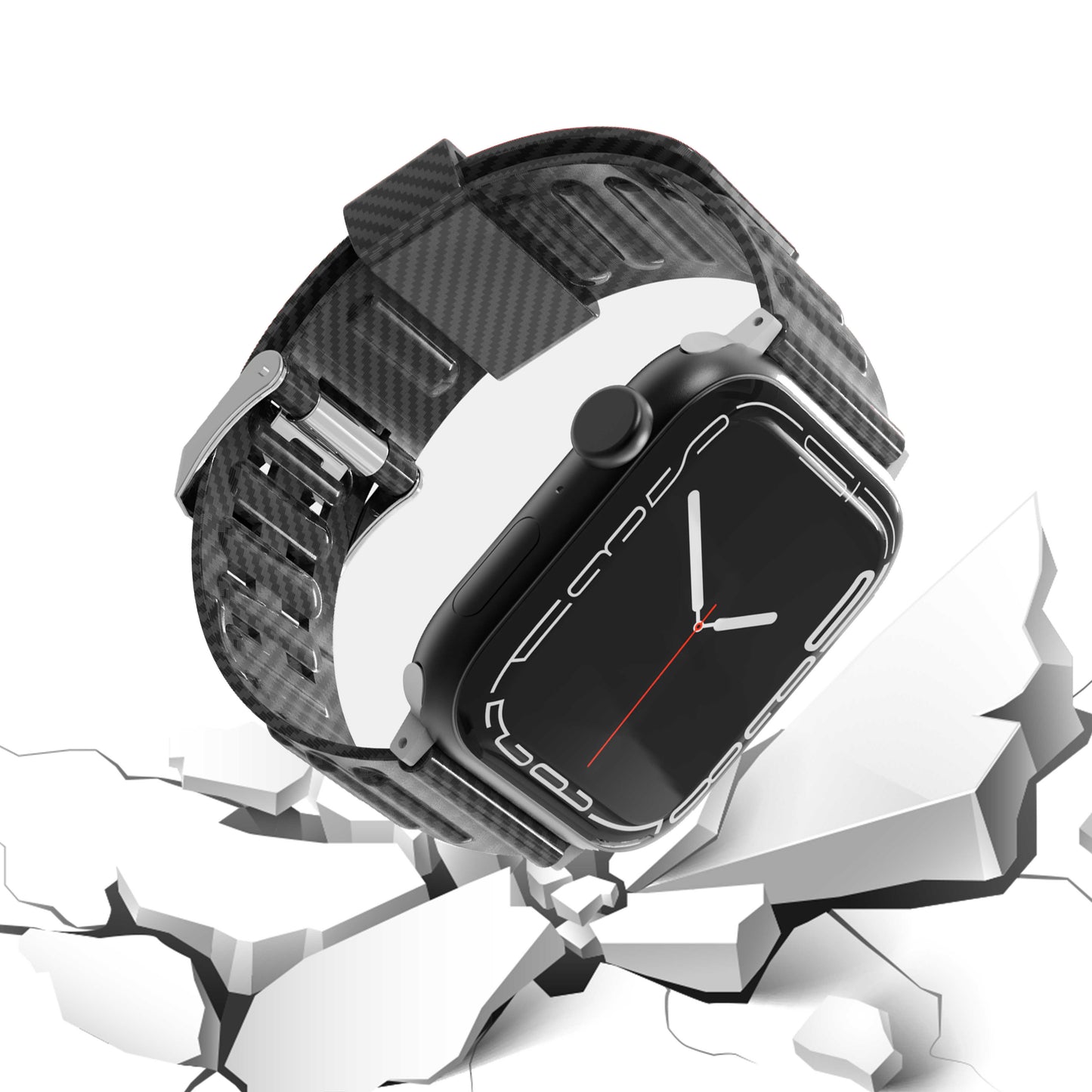 For Apple Watch Size 42/44/45mm Sport Bands Carbon Fiber Design Rubber TPU Replacement Band Strap for iWatch Series 7/SE/6/5/4/3/2/6 Black Phone Case Cover