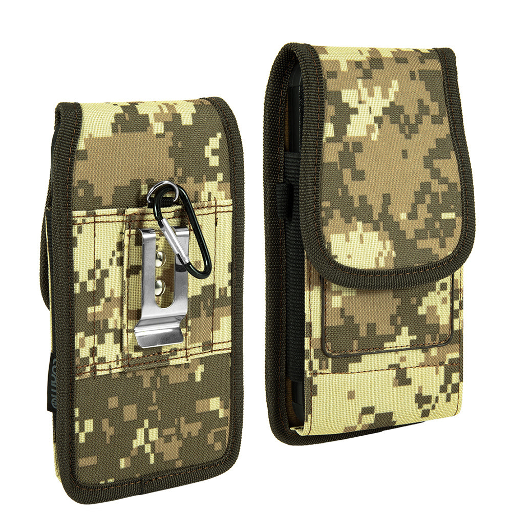 For Samsung Galaxy A23 5G Universal Pouch Case Vertical Phone Holster Camouflage with Card Slots, Pen Holder, Belt Clip Loop & Hook Cover [Army Camo]