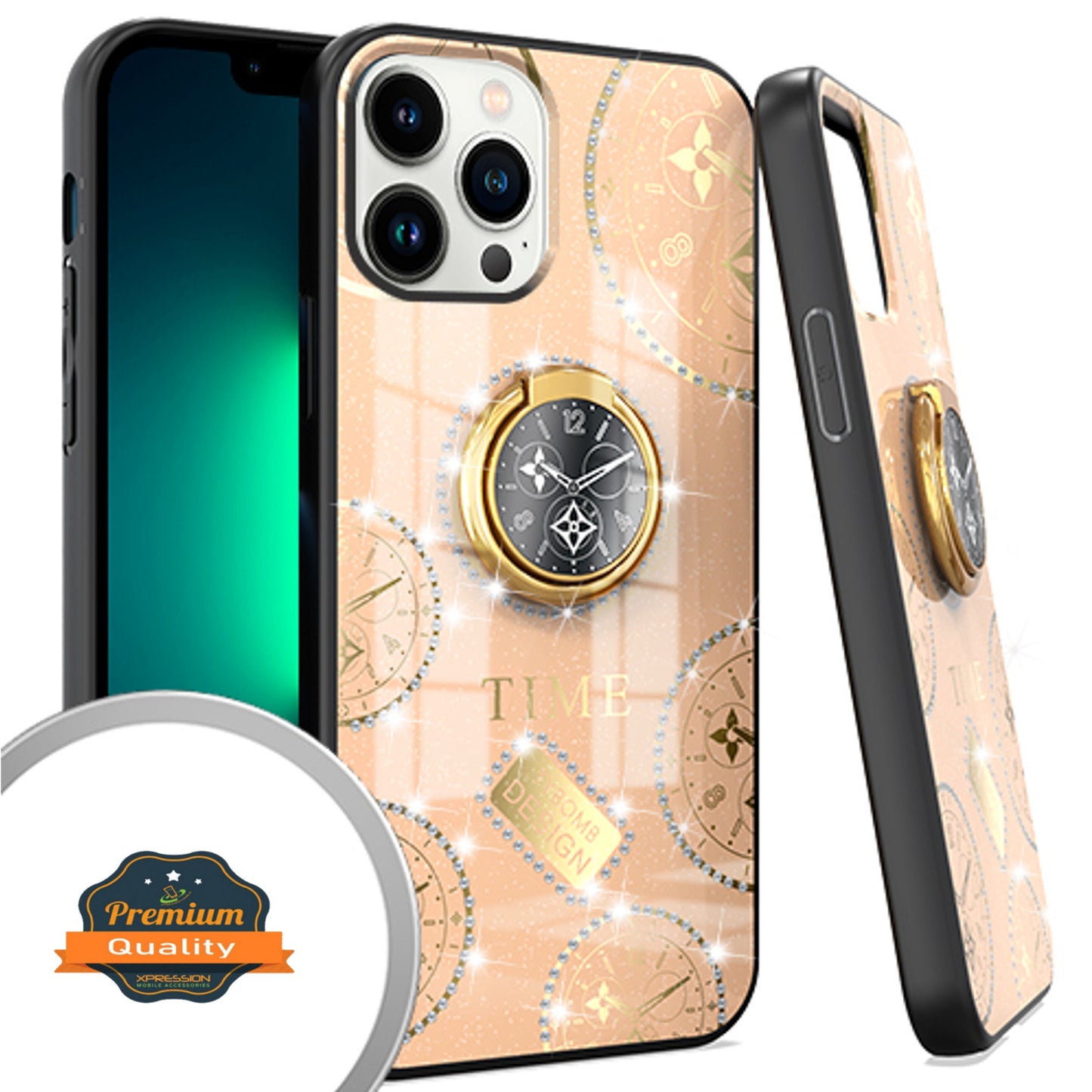 For Apple iPhone 13 / Pro Max Elegant Rhinestone 3D Diamond Bling Glitter with Ring Stand Kickstand Plating Hard Back Rugged  Phone Case Cover