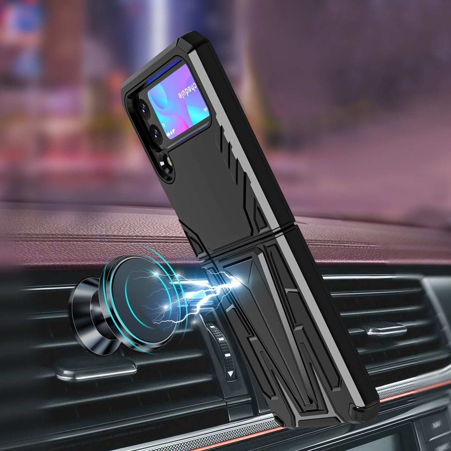 For Samsung Galaxy Z Flip 3 5G Hybrid Armor Rugged with Kickstand, Supports Magnetic Car Mount Dual Layer Hard PC Protective  Phone Case Cover