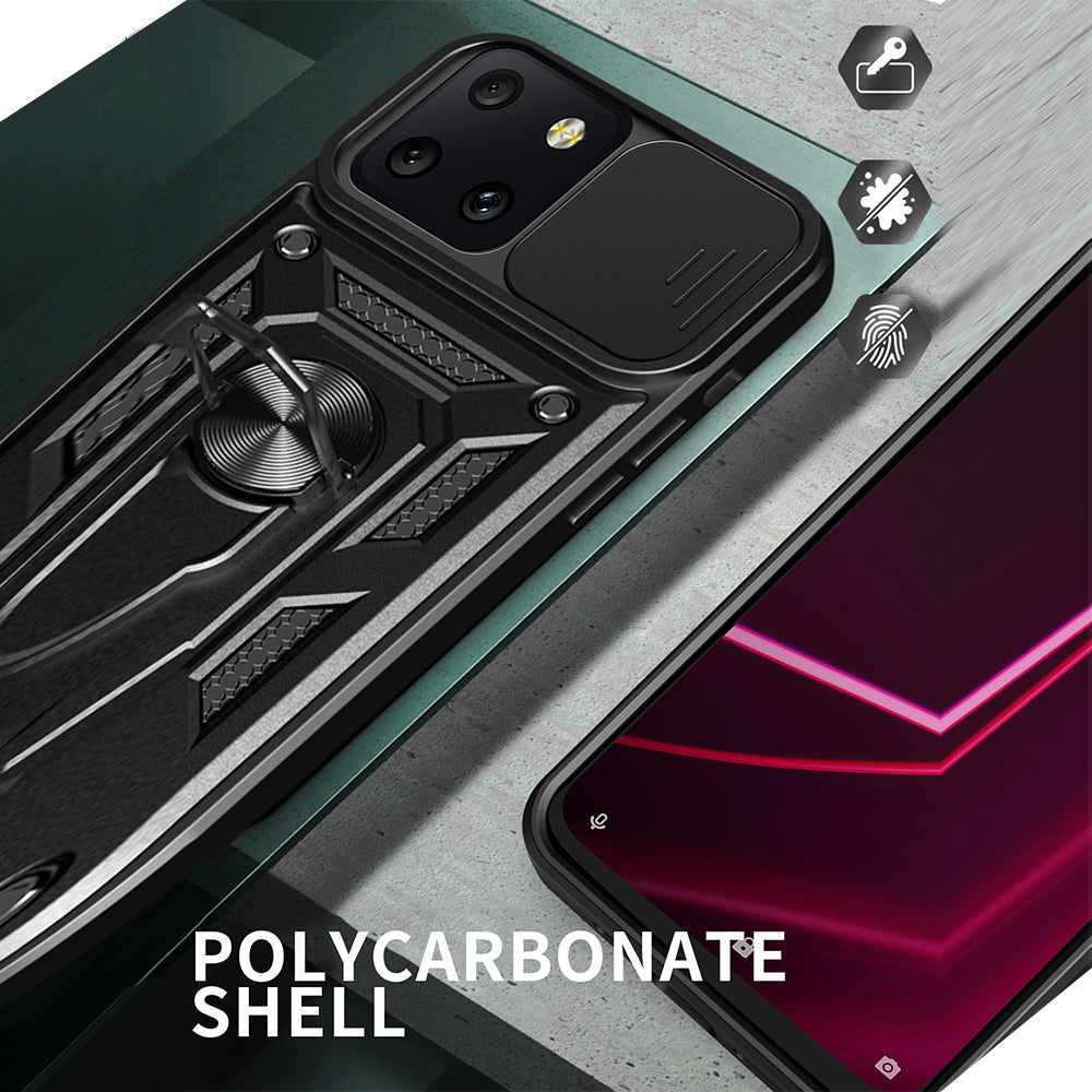 For T-Mobile Revvl 6 5G Hybrid Cases with Kickstand, Slide Camera Lens Protection + 360° Rotate Ring Stand Black Phone Case Cover
