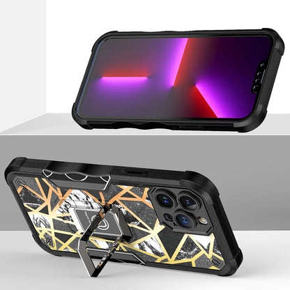 For Apple iPhone 14 Pro Max (6.7") Marble IMD Stone Design Hybrid Magnetic Ring Stand Kickstand Heavy Duty Rugged  Phone Case Cover