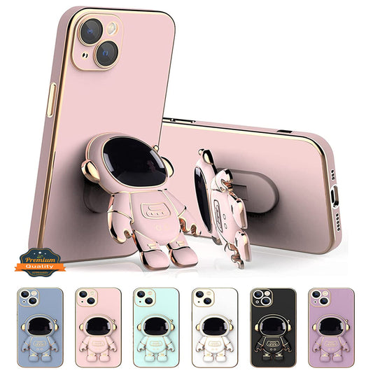 For Apple iPhone 14 /Plus Pro Max Astronaut Hidden Stand Holder Plating Hybrid Electroplated Bumper Shockproof Armor Cute  Phone Case Cover