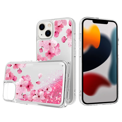 For Apple iPhone 14 Pro (6.1") Floral Design Quicksand Water Flowing Liquid Floating Sparkle Colorful Hybrid  Phone Case Cover