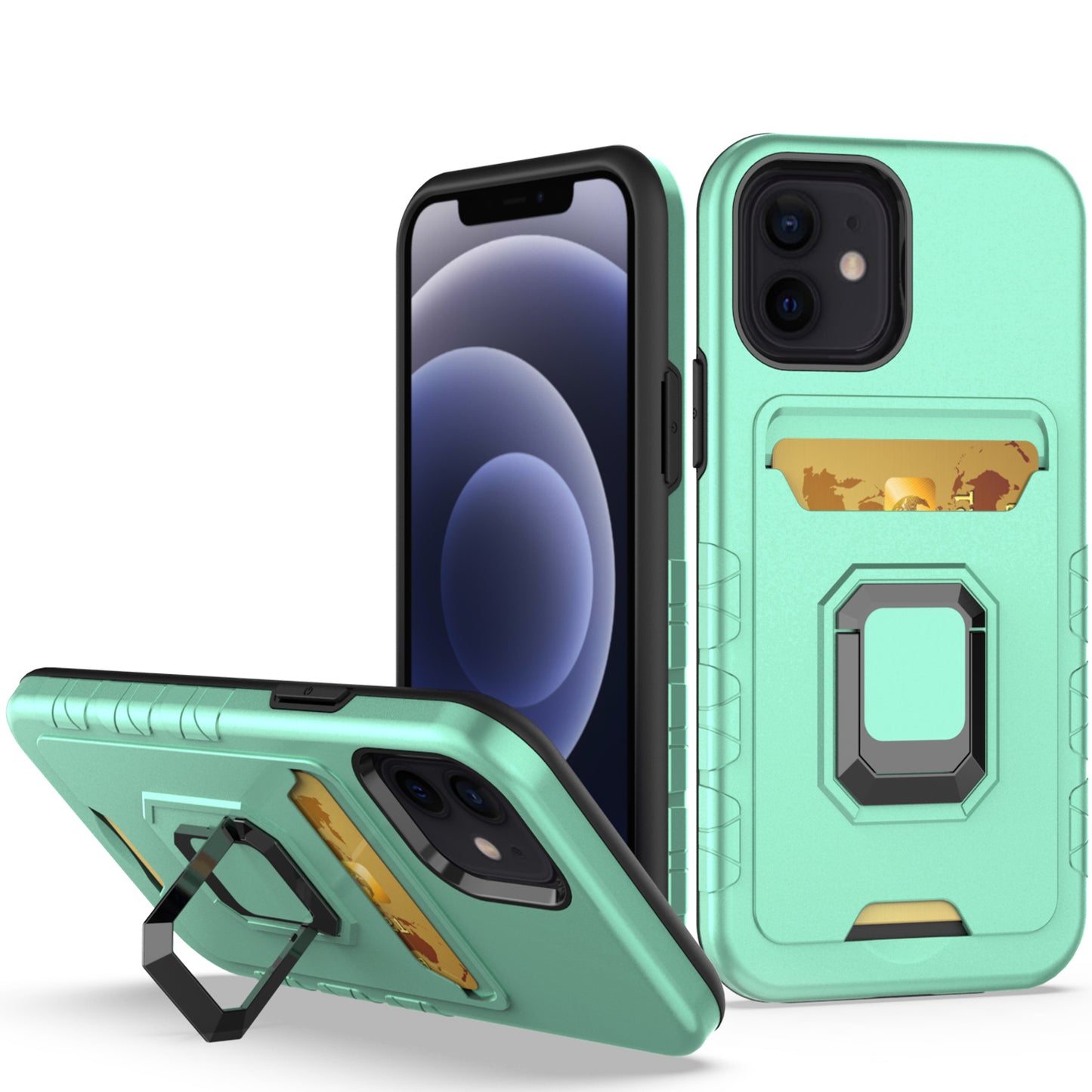 For Apple iPhone 14 Pro (6.1") Wallet Designed Credit Card Holder & Magnetic Stand Kickstand Ring Heavy Duty Hybrid  Phone Case Cover