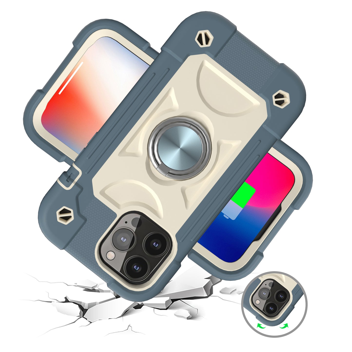 For Apple iPhone SE 3 (2022) SE/8/7 Thick 3in1 Hybrid Rugged TPU Shock-Absorbing with Rotatable Double Rings Kickstand  Phone Case Cover