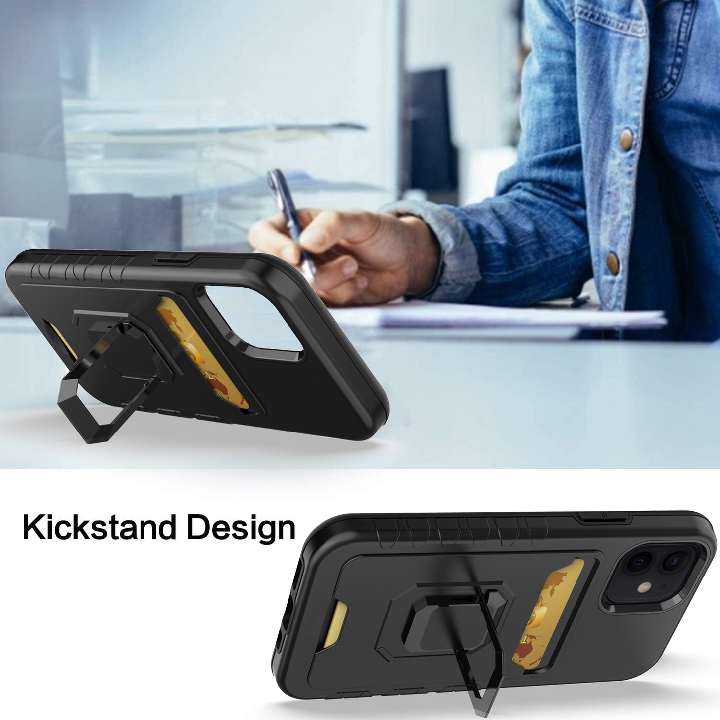 For Samsung Galaxy A03s Wallet Case Designed with Credit Card Holder & Magnetic Stand Kickstand Ring Heavy Duty Hybrid Armor Black Phone Case Cover