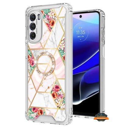 For Motorola Moto G Stylus 5G 2022 Fashion Design Pattern Flowers Hybrid Ring Kickstand Bling Diamond Hard PC TPU  Phone Case Cover