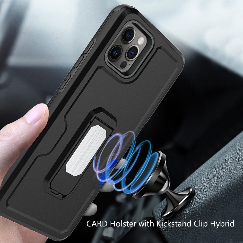 For Apple iPhone 13 / Pro Max Mini Armor Belt Clip with Credit Card Holder, Holster, Kickstand Protective Full Body Heavy Duty Hybrid  Phone Case Cover