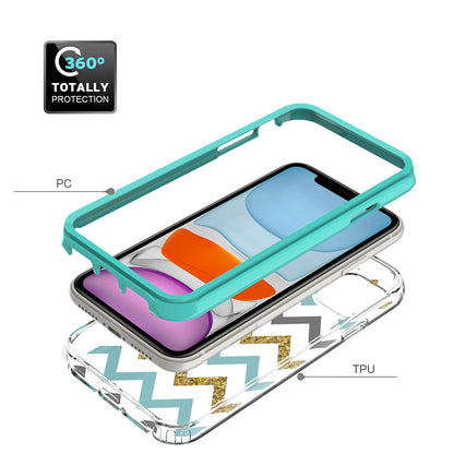 For Apple iPhone 14 Plus (6.7") Beautiful Design 3in1 Hybrid Triple Layer Armor Hard PC Plastic Rubber Frame Teal Chevron Phone Case Cover
