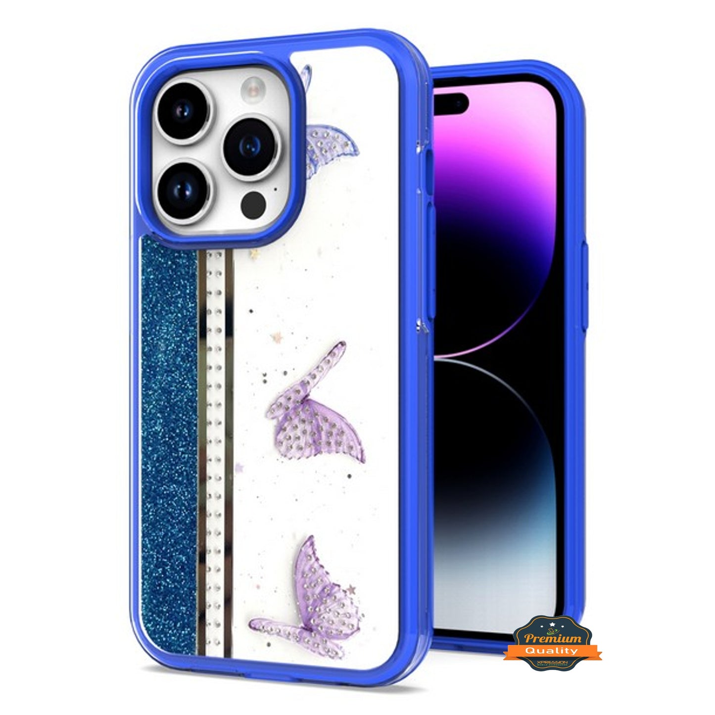 For Apple iPhone 14 /Plus Pro Max Butterflies Design Bling Glitter Shockproof Hybrid TPU Frame and Hard Back Slim  Phone Case Cover