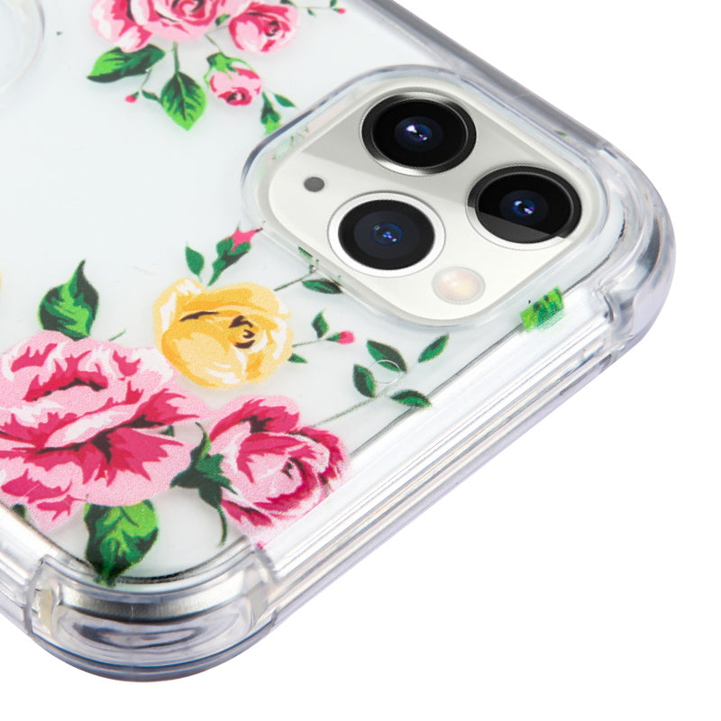 For Apple iPhone 11 Pro Hybrid Dual Layer Transparent Flower Design Hard PC Cases Shockproof TPU Rugged Pink Roses Phone Case Cover