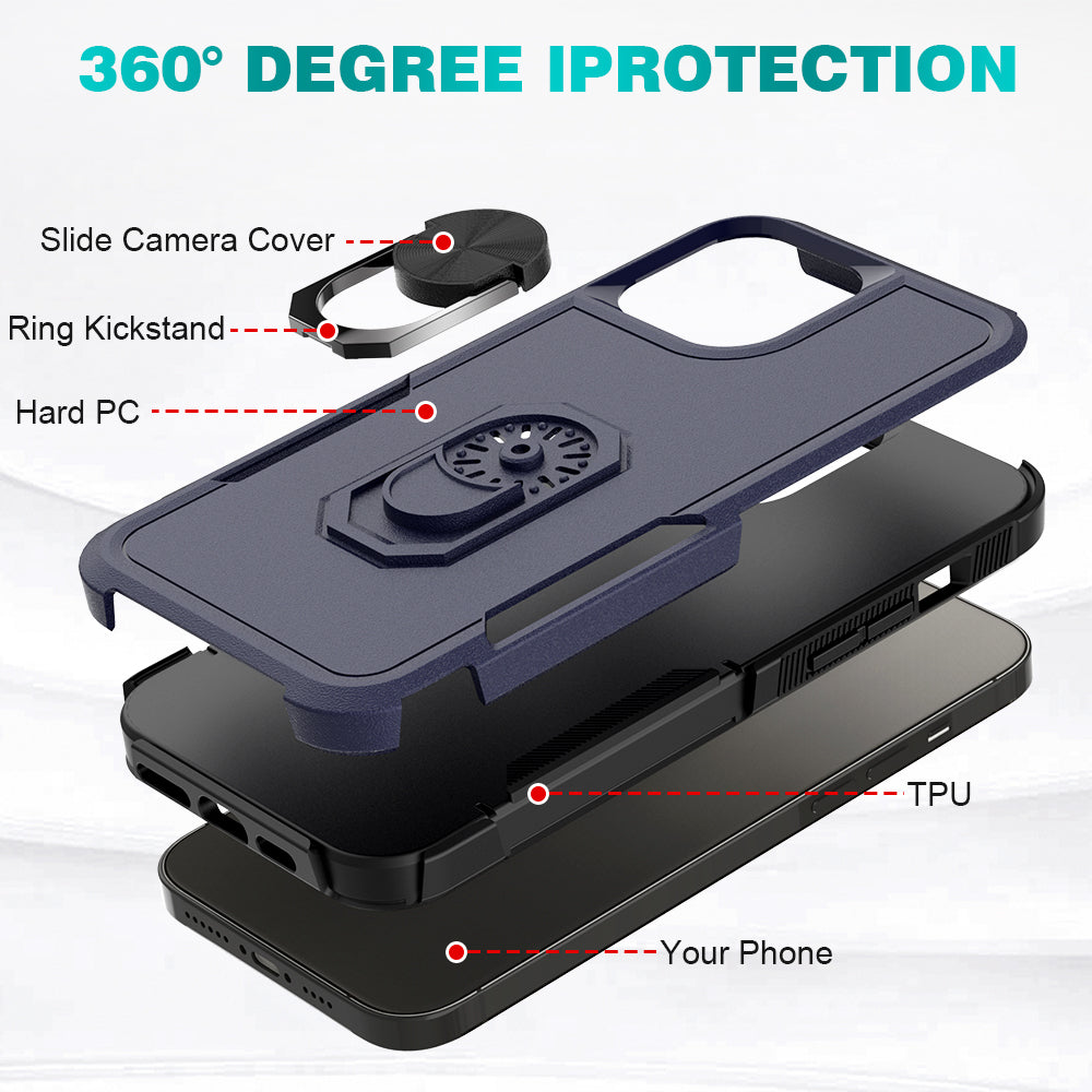 For Apple iPhone 14 Pro (6.1") Hybrid Rugged Hard Drop-Proof 3 Layer Protection Military Grade Armor Metal Ring Stand Blue Phone Case Cover