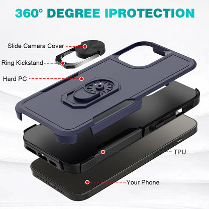 For Apple iPhone 14 Pro (6.1") Hybrid Rugged Hard Drop-Proof 3 Layer Protection Military Grade Armor Metal Ring Stand Blue Phone Case Cover