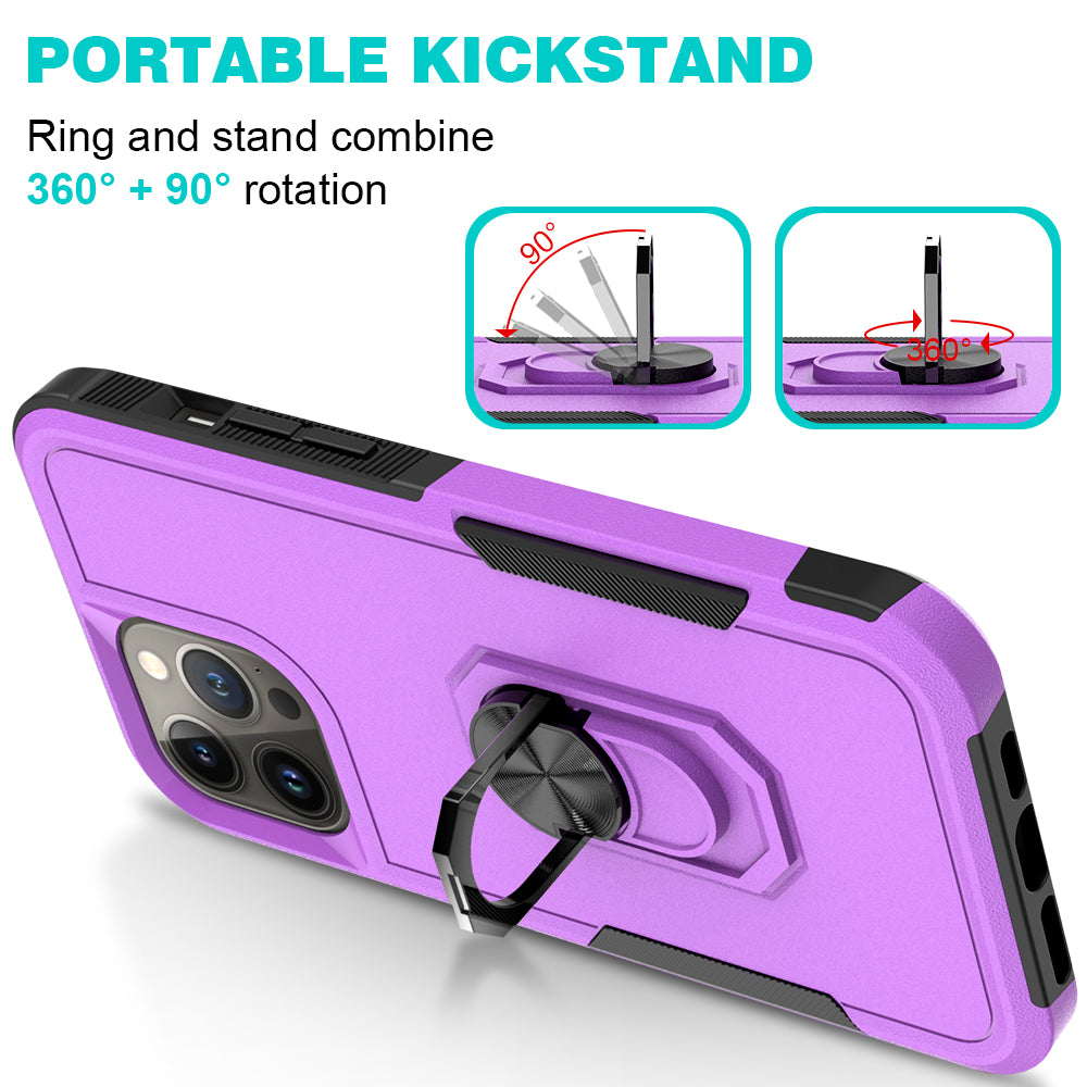 For Apple iPhone 14 Pro (6.1") Hybrid Rugged Hard Drop-Proof 3 Layer Protection Military Grade Armor Metal Ring Stand Purple Phone Case Cover