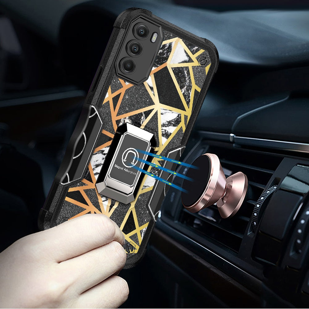 For Motorola Moto G 5G 2022 Marble IMD Design Hybrid Armor with Magnetic Ring Stand Kickstand Heavy Duty Shockproof  Phone Case Cover