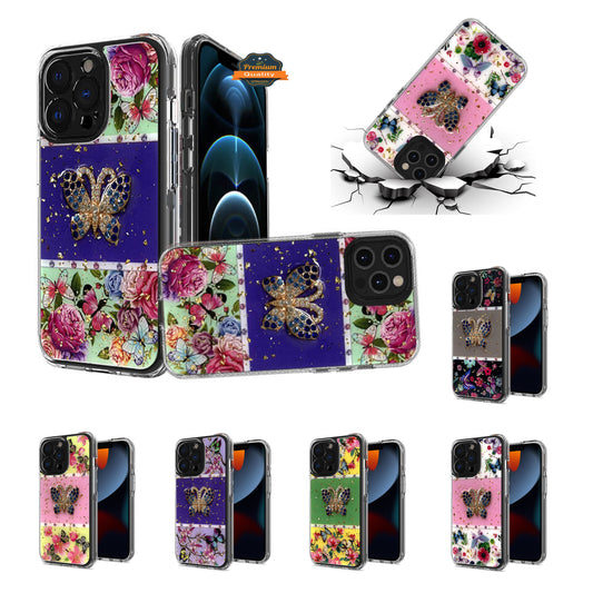 For Apple iPhone SE 3 (2022) SE/8/7 Glitter Sparkle Colorful Bling Flake 3D Ornament Butterfly Floral Epoxy Hybrid Shockproof  Phone Case Cover