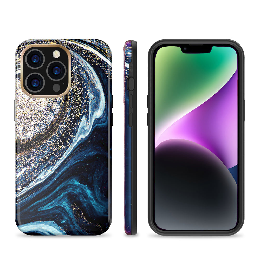 For Apple iPhone 14 /Plus Pro Max Eclipse Marble Galaxy IMD Design Glitter Sparkle Hybrid Rubber TPU Slim  Phone Case Cover