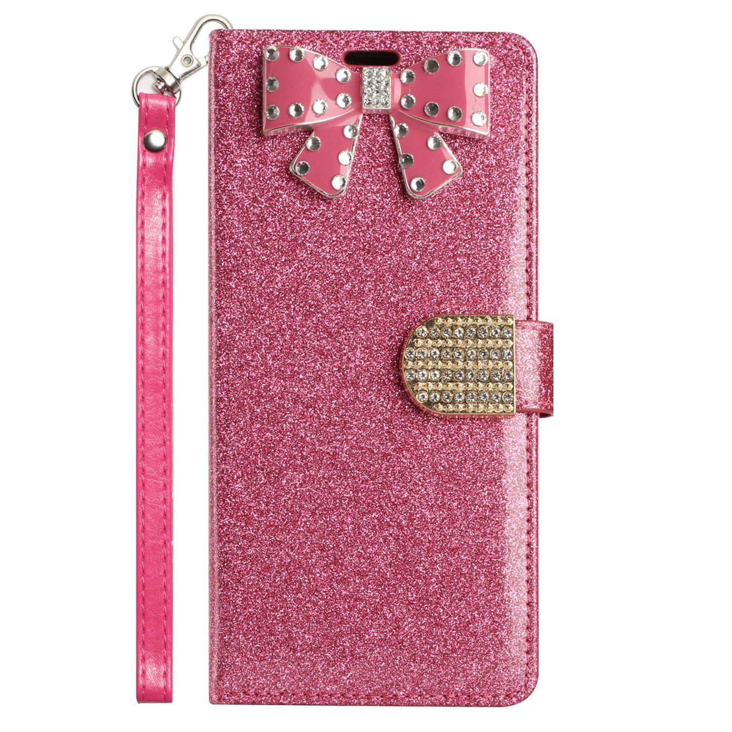 For Apple iPhone XR Wallet Bow Glitter Bling Ornament Shimmer with Credit Card Slot Pocket & Lanyard Strap  Phone Case Cover