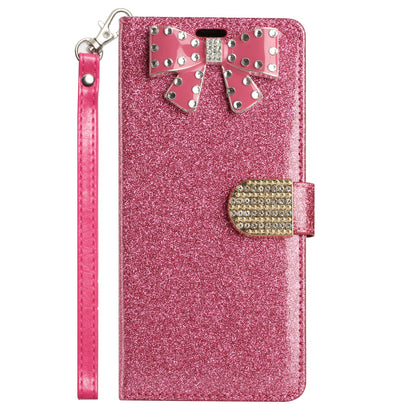 For Apple iPhone 14 Pro Max (6.7") Wallet Bow Glitter Bling Ornament Shimmer with Credit Card Slot Pocket & Lanyard  Phone Case Cover