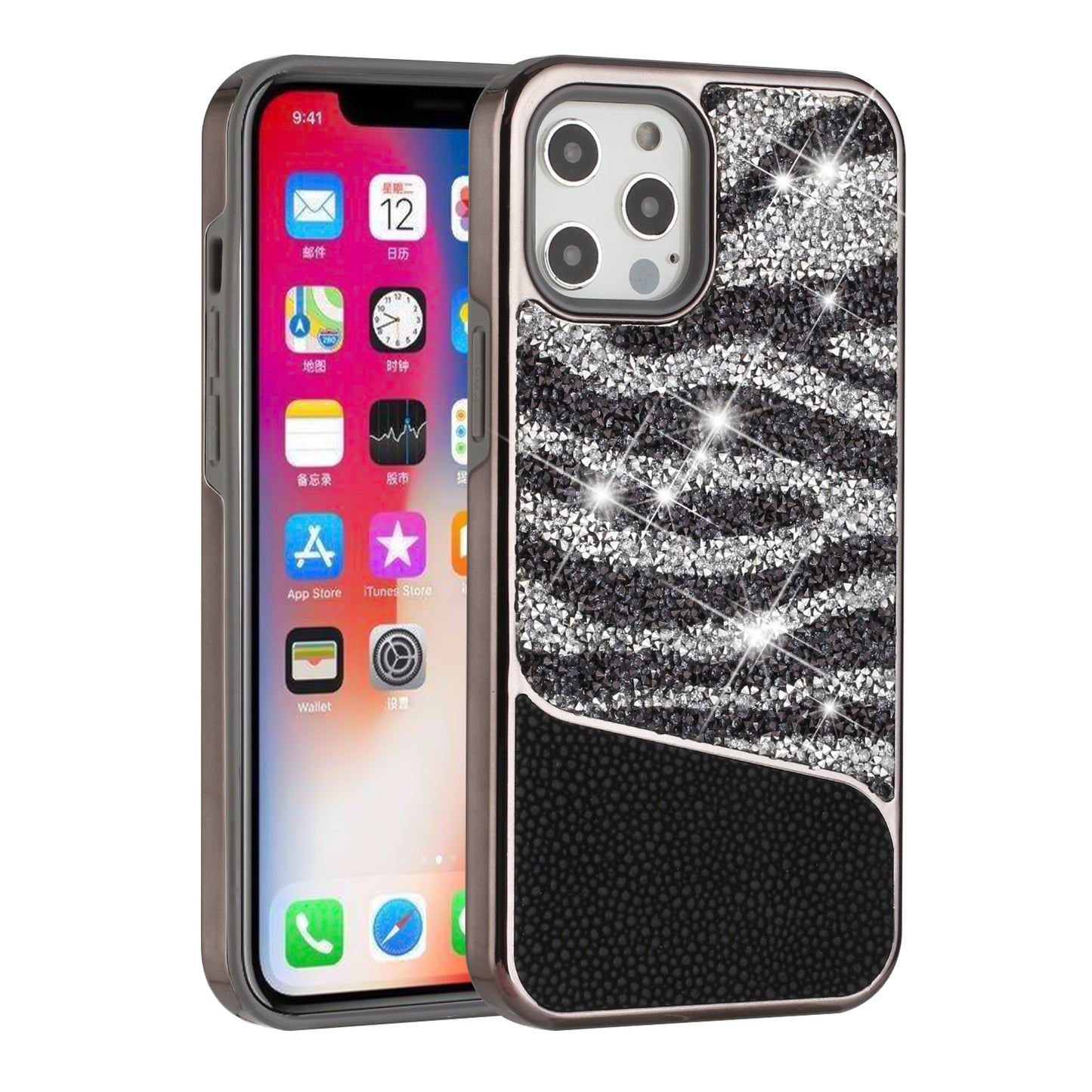 For Apple iPhone 11 (6.1") Bling Animal Skin Design Glitter Hybrid Thick TPU Shiny Protective Rubber Frame  Phone Case Cover
