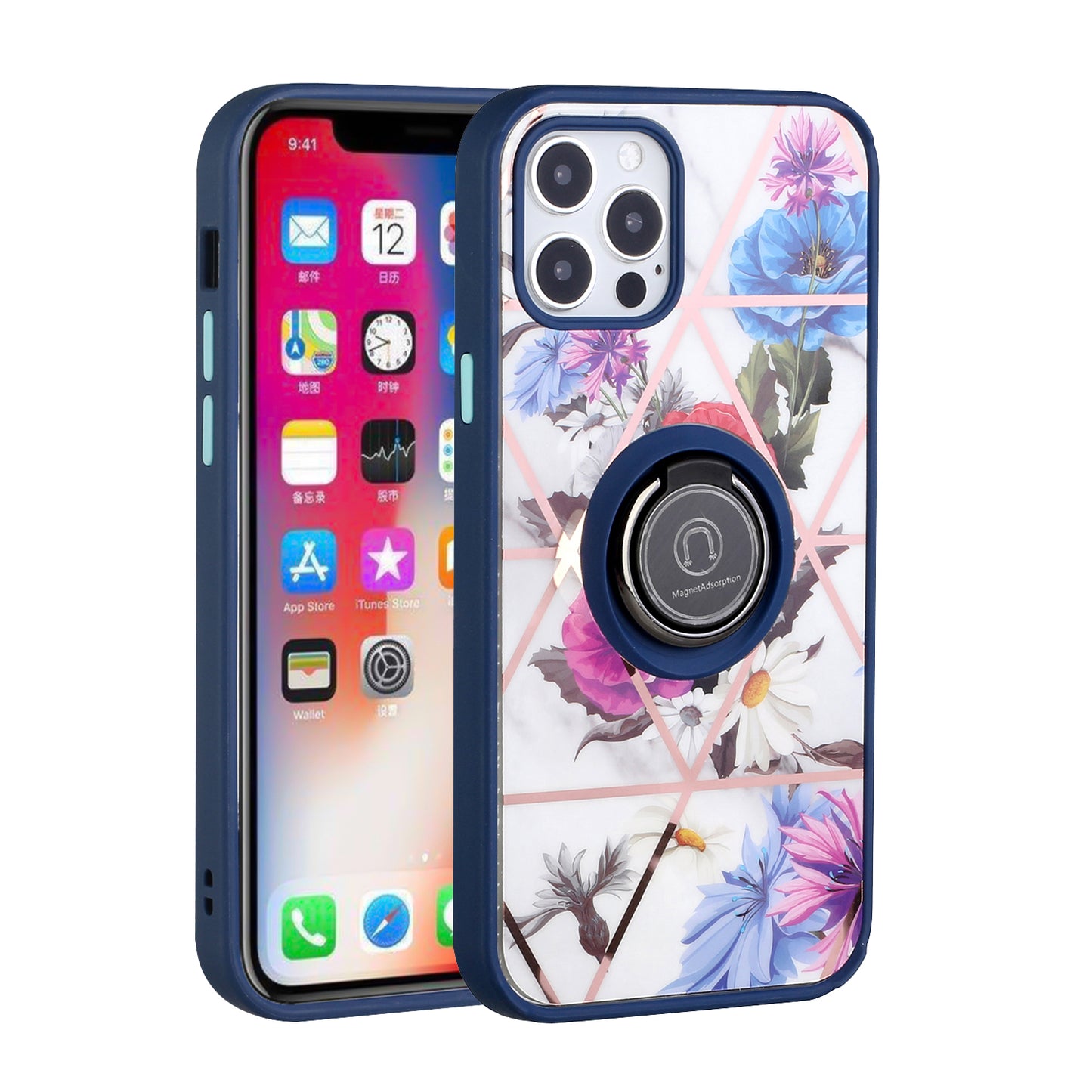 For Apple iPhone 14 Pro Max (6.7") Unique Marble Design with Magnetic Ring Kickstand Hybrid TPU Hard Shockproof  Phone Case Cover