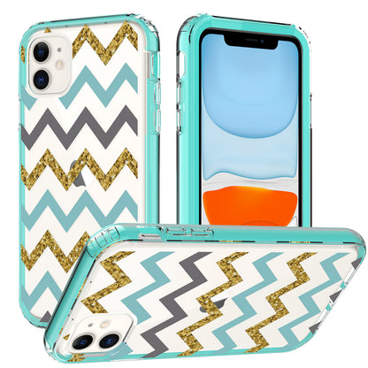For Apple iPhone 14 Plus (6.7") Beautiful Design 3in1 Hybrid Triple Layer Armor Hard PC Plastic Rubber Frame Teal Chevron Phone Case Cover