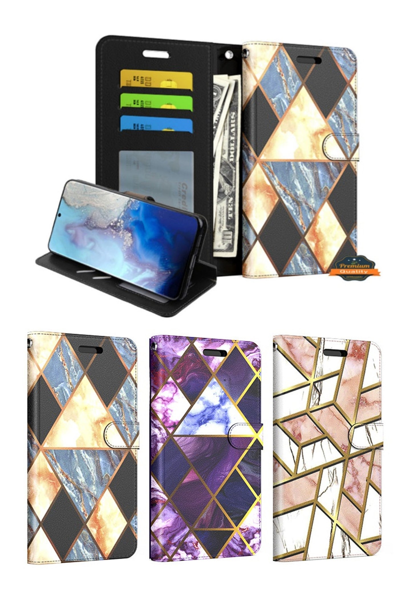 For Apple iPhone 13 /Pro Max Mini Wallet Case Marble Pattern Design PU Leather Wallet with Credit Cards Holder, Wrist Strap & Stand Feature Flip Pouch Protective  Phone Case Cover