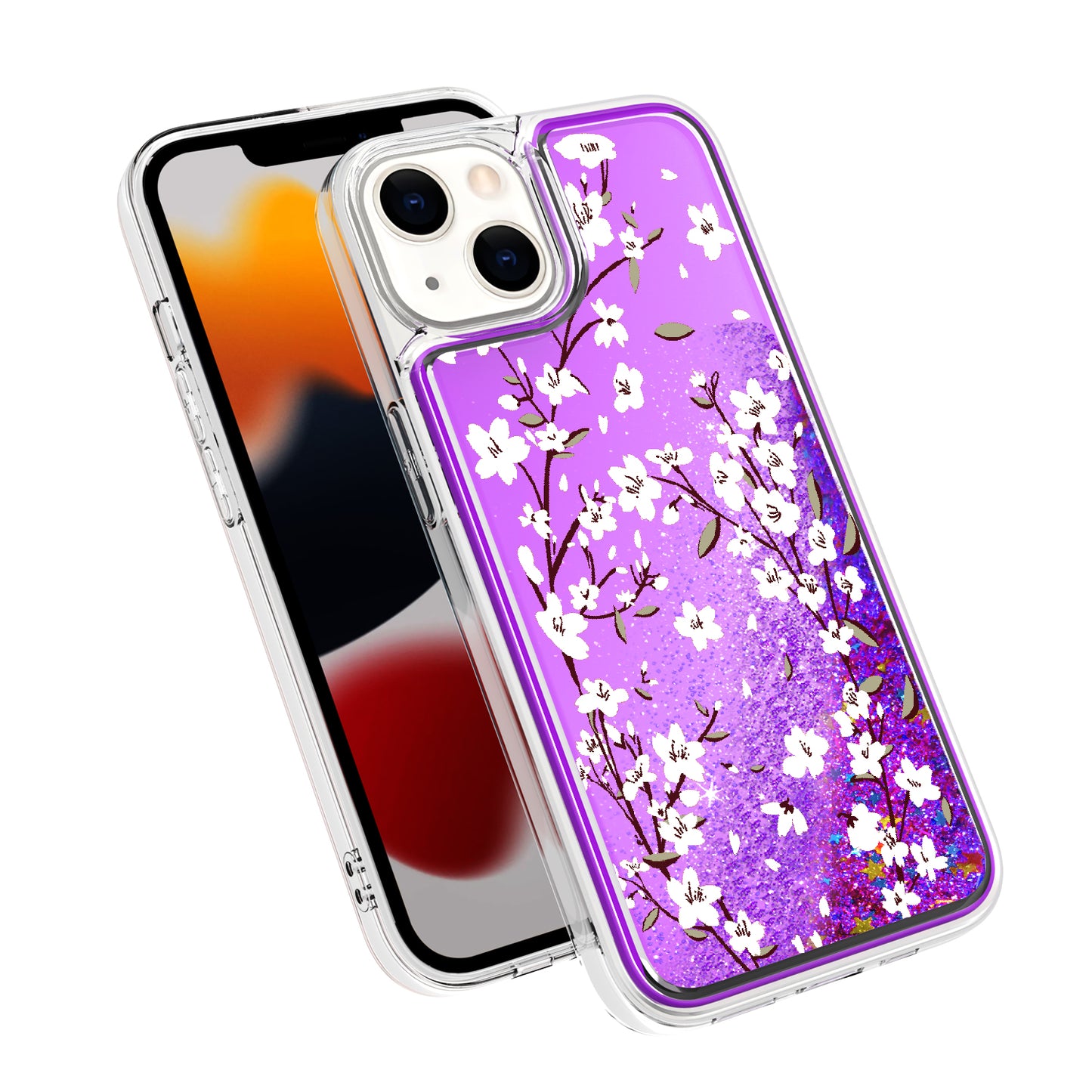 For Apple iPhone 14 Pro (6.1") Floral Design Quicksand Water Flowing Liquid Floating Sparkle Colorful Hybrid  Phone Case Cover