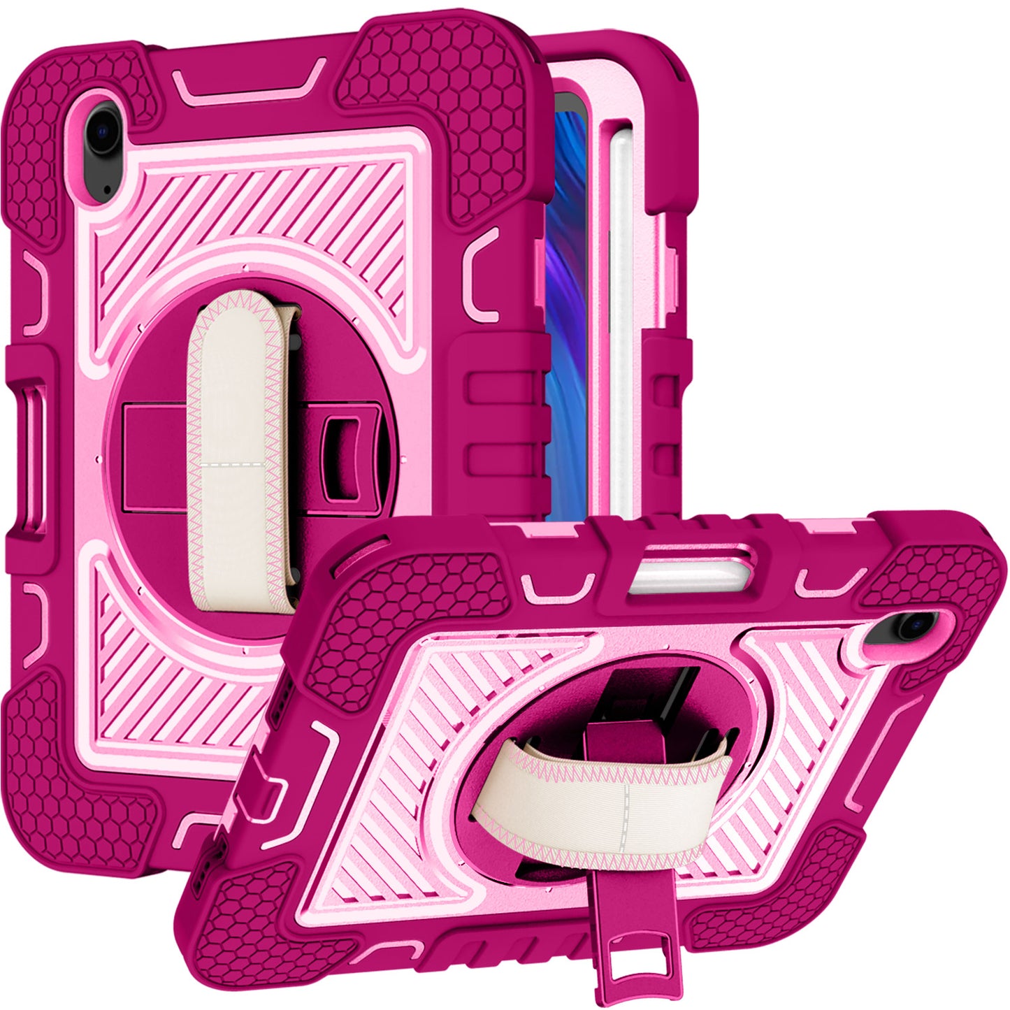 For Apple iPad 10th Gen 2022 Hybrid 3in1 Multi-Functional Tablet Case with Hand, Shoulder Strap, Pencil & Stand Holder Rose Pink Phone Case Cover