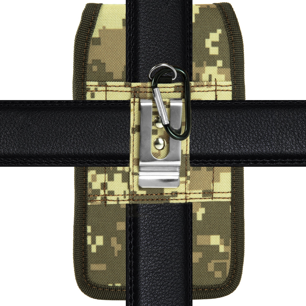 For Samsung Galaxy A23 5G Universal Pouch Case Vertical Phone Holster Camouflage with Card Slots, Pen Holder, Belt Clip Loop & Hook Cover [Army Camo]