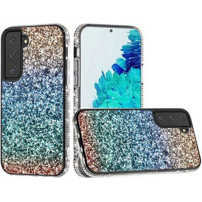 For Samsung Galaxy A22 5G Rhinestone Sparkling Rainbow Gradual Glitter Full Diamond Bling Protective Hybrid Rugged Slim TPU  Phone Case Cover