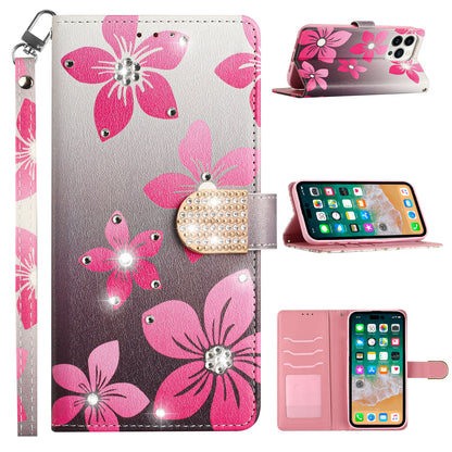 For Apple iPhone 14 Pro Max (6.7") Fashion Diamond Bling Design Wallet Pouch Card Slots Leather With Lanyard  Phone Case Cover
