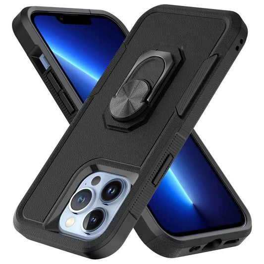 For Apple iPhone 14 Pro (6.1") Hybrid Rugged Hard Drop-Proof 3 Layer Protection Military Grade Armor Metal Ring Stand Black Phone Case Cover
