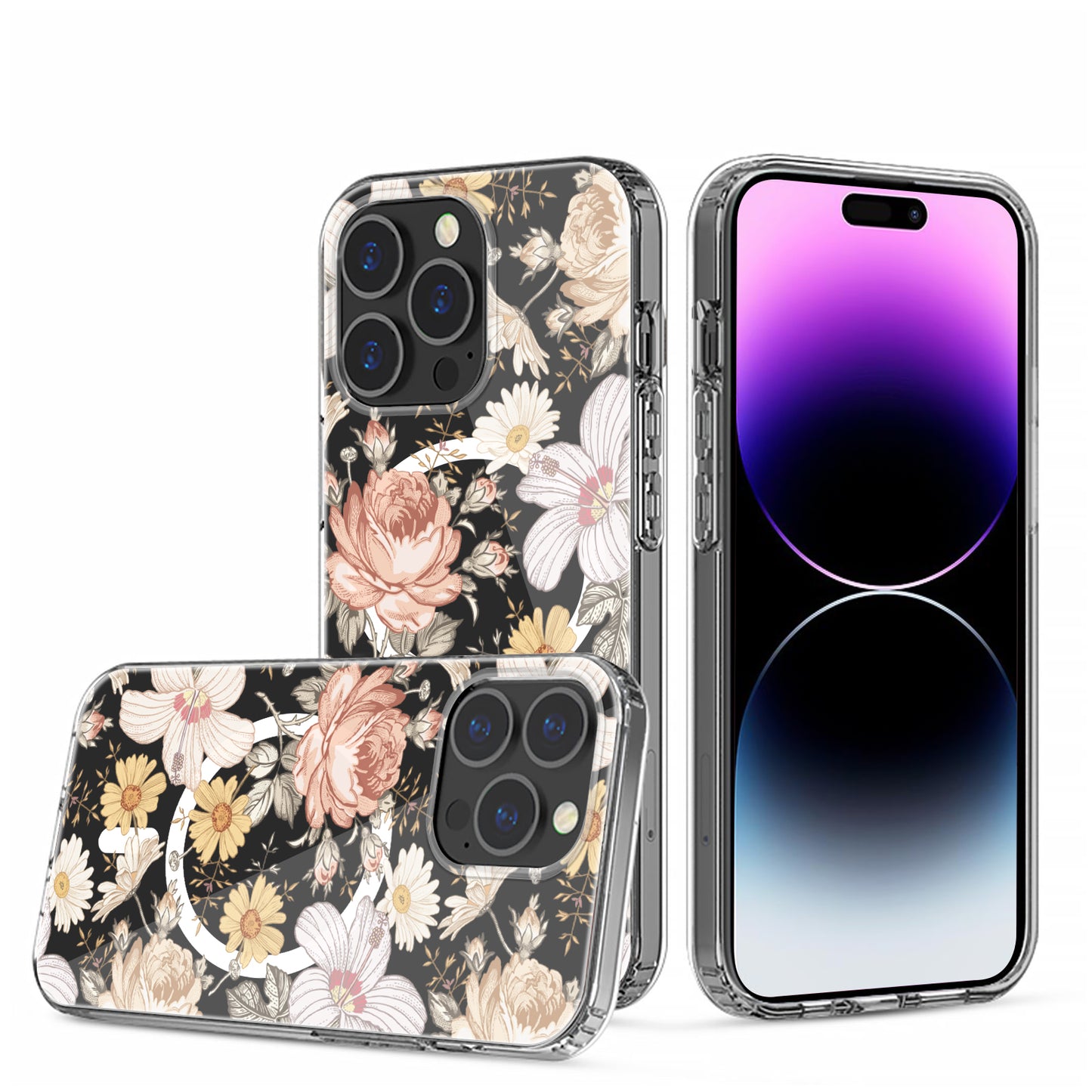 For Apple iPhone 14 /Plus Pro Max Clear Flower Pattern Design Compatible with MagSafe & Wireless Charging  Phone Case Cover
