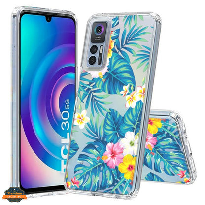 For TCL 30 5G /TCL 30+ Plus /TCL 30 Floral Patterns Design Transparent TPU Silicone Shock Absorption Hard PC Back  Phone Case Cover