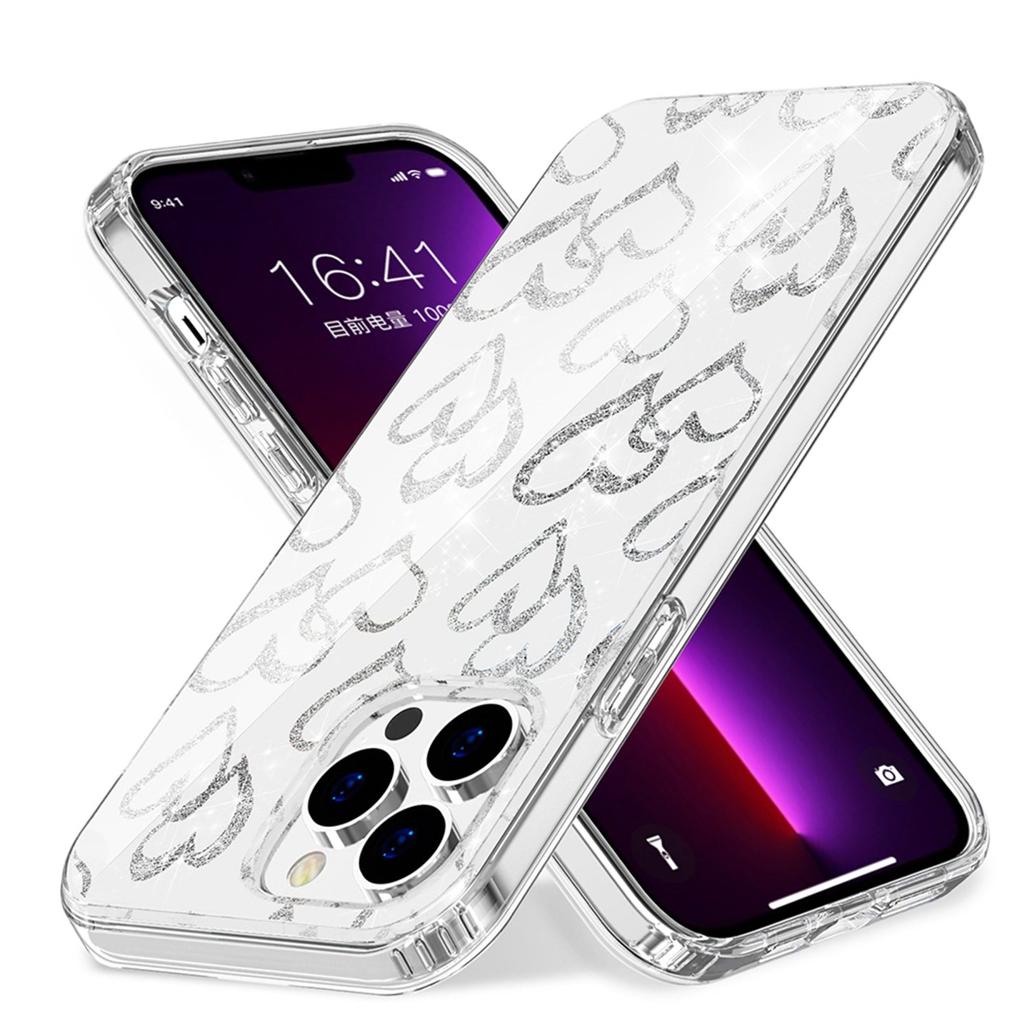 For iPhone 14 Pro (6.1") Beautiful Laser Clear Bling Glitter Design Pattern Hybrid Gummy Hard PC and TPU  Phone Case Cover
