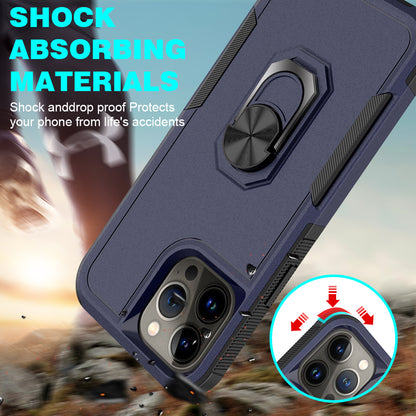 For Apple iPhone 14 Pro (6.1") Hybrid Rugged Hard Drop-Proof 3 Layer Protection Military Grade Armor Metal Ring Stand Blue Phone Case Cover