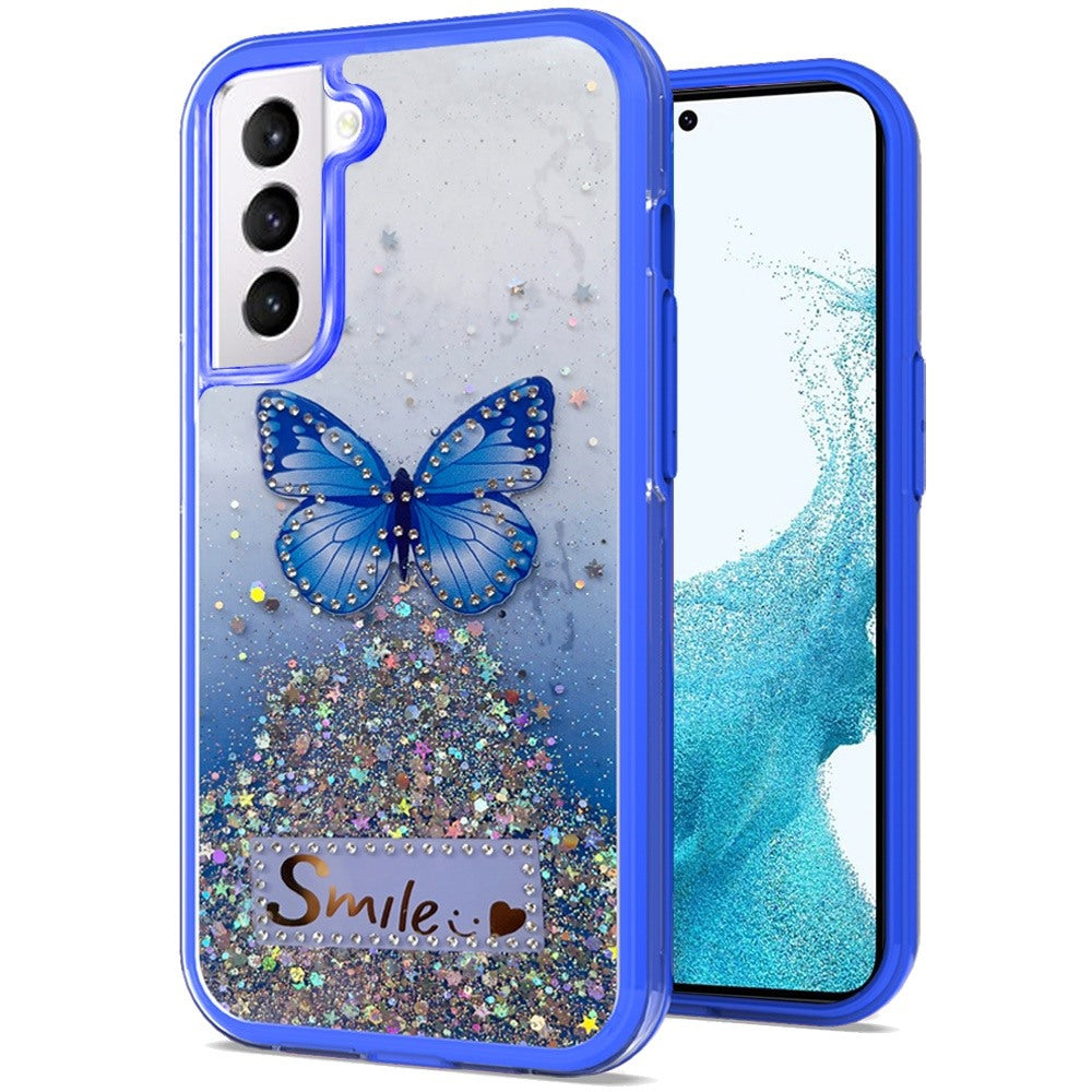 For Samsung Galaxy S22 /Plus Ultra Butterfly Smile Glitter Bling Sparkle Epoxy Glittering Shining Hybrid Hard PC TPU Silicone Slim  Phone Case Cover